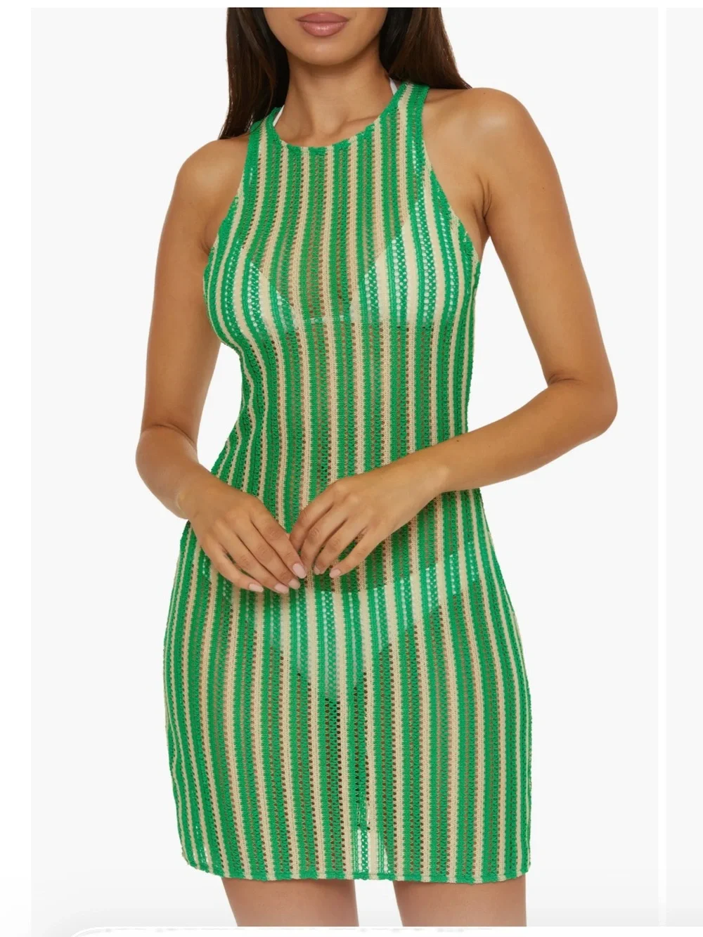 BECCA Cabo Stripe Sheer Crochet Cover-Up Mini Dress